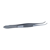 Curved Dressing Forceps With Serrations, Serrated Handle With Polished Finish, Gently Curved Heavy Tips, And Overall Length Of 4" (100mm) 